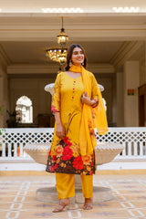 Women’s Black & Yellow Soft Assam Silk Digital Printed Kurta Pant Set with V-Neck & Dupatta
