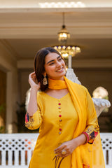 Women’s Black & Yellow Soft Assam Silk Digital Printed Kurta Pant Set with V-Neck & Dupatta