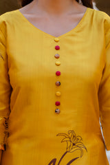 Women’s Black & Yellow Soft Assam Silk Digital Printed Kurta Pant Set with V-Neck & Dupatta
