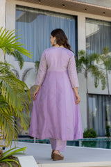 Women’s Blue Pink Embroidered Vichitra Silk Flared Anarkali Kurta Pant Dupatta Set