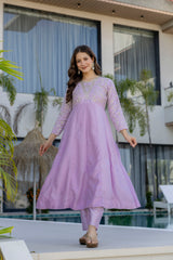 Women’s Blue Pink Embroidered Vichitra Silk Flared Anarkali Kurta Pant Dupatta Set