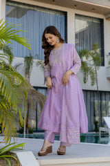 Women’s Blue Pink Embroidered Vichitra Silk Flared Anarkali Kurta Pant Dupatta Set