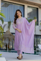 Women’s Blue Pink Embroidered Vichitra Silk Flared Anarkali Kurta Pant Dupatta Set