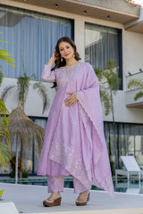 Women’s Blue Pink Embroidered Vichitra Silk Flared Anarkali Kurta Pant Dupatta Set