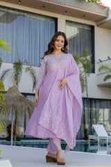 Women’s Blue Pink Embroidered Vichitra Silk Flared Anarkali Kurta Pant Dupatta Set