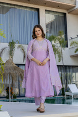 Women’s Blue Pink Embroidered Vichitra Silk Flared Anarkali Kurta Pant Dupatta Set
