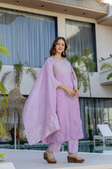Women’s Blue Pink Embroidered Vichitra Silk Flared Anarkali Kurta Pant Dupatta Set