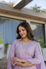 Women’s Blue Pink Embroidered Vichitra Silk Flared Anarkali Kurta Pant Dupatta Set