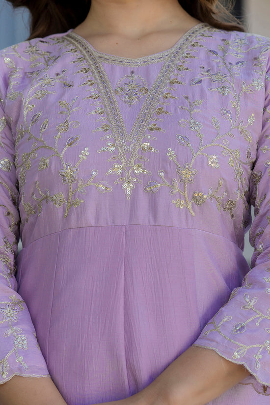 Lavender embroidered Anarkali suit with gold floral patterns