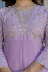 Women’s Blue Pink Embroidered Vichitra Silk Flared Anarkali Kurta Pant Dupatta Set
