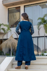 Women’s Blue Pink Embroidered Vichitra Silk Flared Anarkali Kurta Pant Dupatta Set