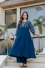 Women’s Blue Pink Embroidered Vichitra Silk Flared Anarkali Kurta Pant Dupatta Set