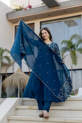 Women’s Blue Pink Embroidered Vichitra Silk Flared Anarkali Kurta Pant Dupatta Set