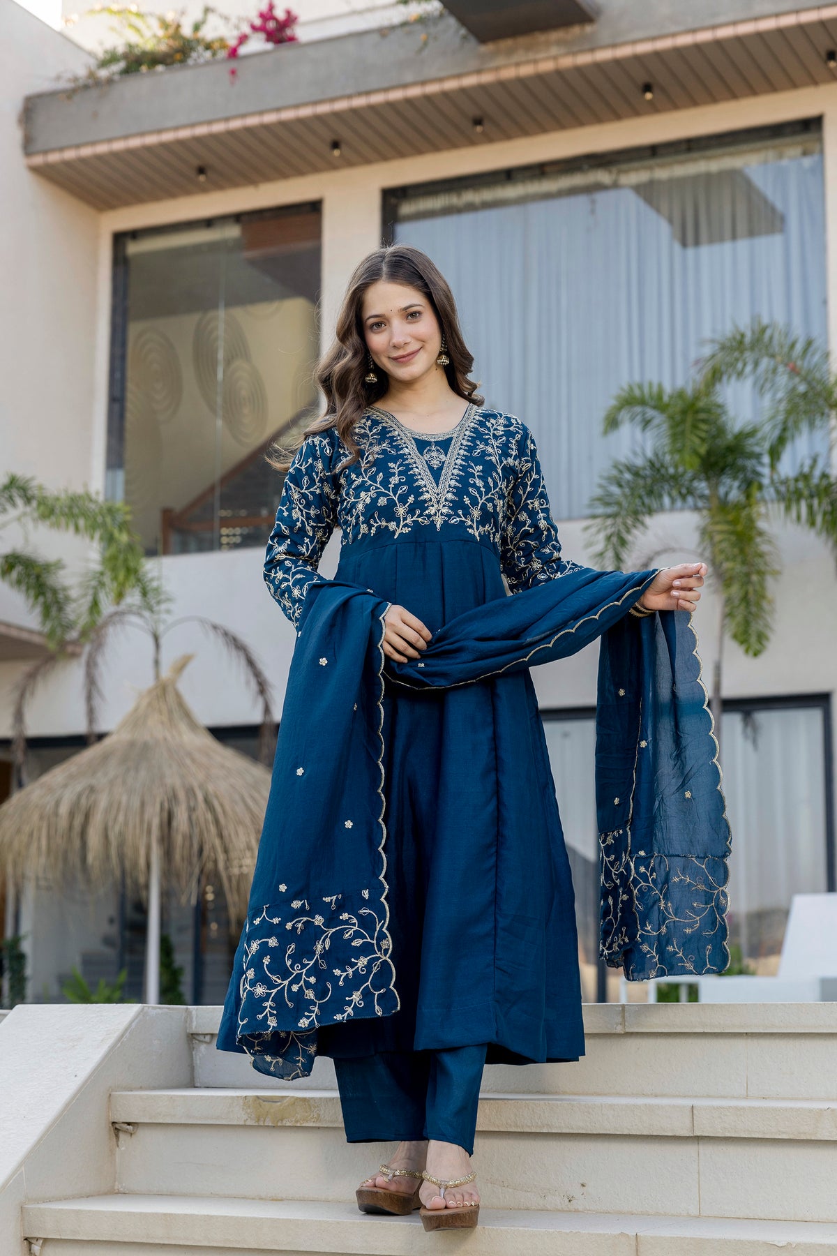 Women’s Blue Pink Embroidered Vichitra Silk Flared Anarkali Kurta Pant Dupatta Set