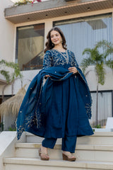 Women’s Blue Pink Embroidered Vichitra Silk Flared Anarkali Kurta Pant Dupatta Set