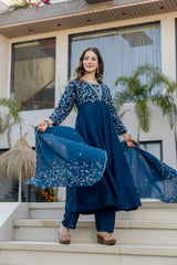 Women’s Blue Pink Embroidered Vichitra Silk Flared Anarkali Kurta Pant Dupatta Set