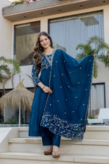 Women’s Blue Pink Embroidered Vichitra Silk Flared Anarkali Kurta Pant Dupatta Set