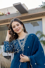 Women’s Blue Pink Embroidered Vichitra Silk Flared Anarkali Kurta Pant Dupatta Set