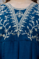 Women’s Blue Pink Embroidered Vichitra Silk Flared Anarkali Kurta Pant Dupatta Set