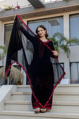 Black Embroidered Kurta Pant Set with Sheer Dupatta