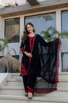 Black Embroidered Kurta Pant Set with Sheer Dupatta