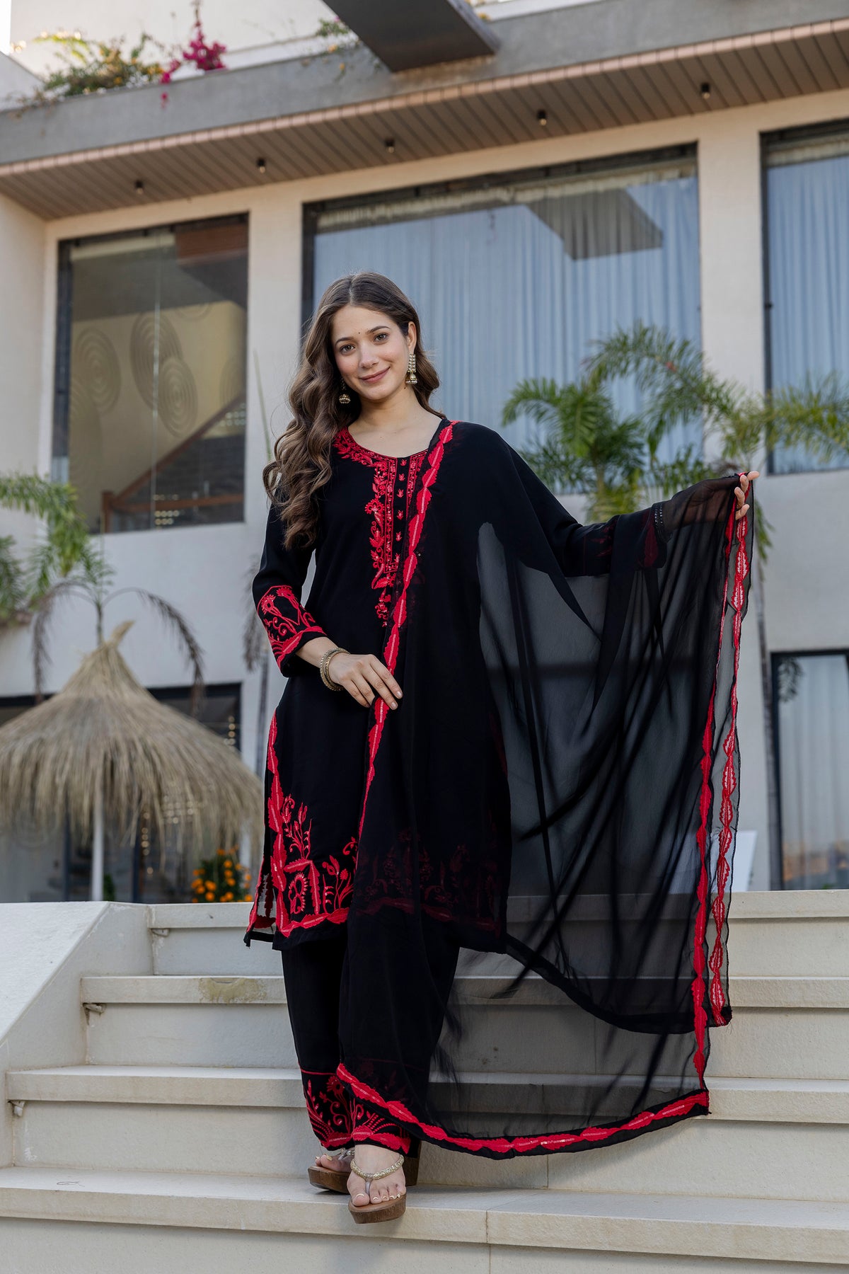 Black Embroidered Kurta Pant Set with Sheer Dupatta