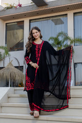 Black Embroidered Kurta Pant Set with Sheer Dupatta