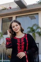 Black Embroidered Kurta Pant Set with Sheer Dupatta