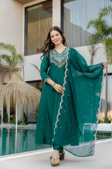 Bottle Green Embroidered Anarkali Suit with Designer Dupatta