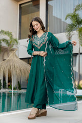 Bottle Green Embroidered Anarkali Suit with Designer Dupatta