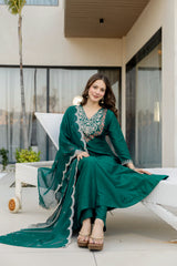 Bottle Green Embroidered Anarkali Suit with Designer Dupatta