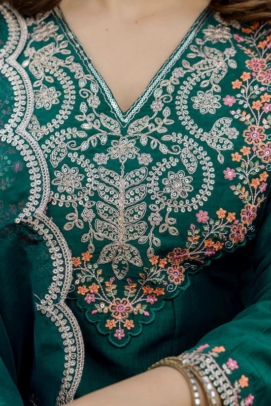 Bottle green embroidered Anarkali suit with floral thread work and designer dupatta detail.