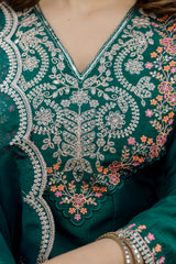 Bottle Green Embroidered Anarkali Suit with Designer Dupatta