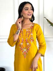 Women’s Yellow Embroidered D Chinon Kurti Pant Dupatta Set with Printed Tebby Silk Dupatta