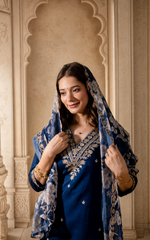 Women's Petrol Roman Embroidered Straight Kurta Pant Set with Digital Printed Dupatta