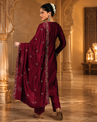 Elegant Maroon Embroidered Vichitra Silk Kurta Set with Dupatta