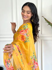 Women’s Yellow Embroidered D Chinon Kurti Pant Dupatta Set with Printed Tebby Silk Dupatta