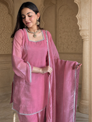 Women's Peach Crinkle Straight Kurta Patiala Set with Dupatta | Diamond Sequin Work