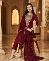Women's Festive Embroidered Vichitra Suit Set with Dupatta