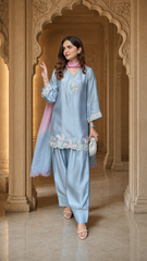 Sky Blue Embroidered Festive Kurti with Punjabi Salwar & Ombre Dupatta – 3 Piece Set
