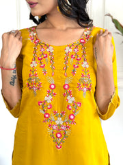 Women’s Yellow Embroidered D Chinon Kurti Pant Dupatta Set with Printed Tebby Silk Dupatta
