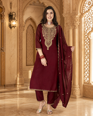 Women's Festive Embroidered Vichitra Suit Set with Dupatta