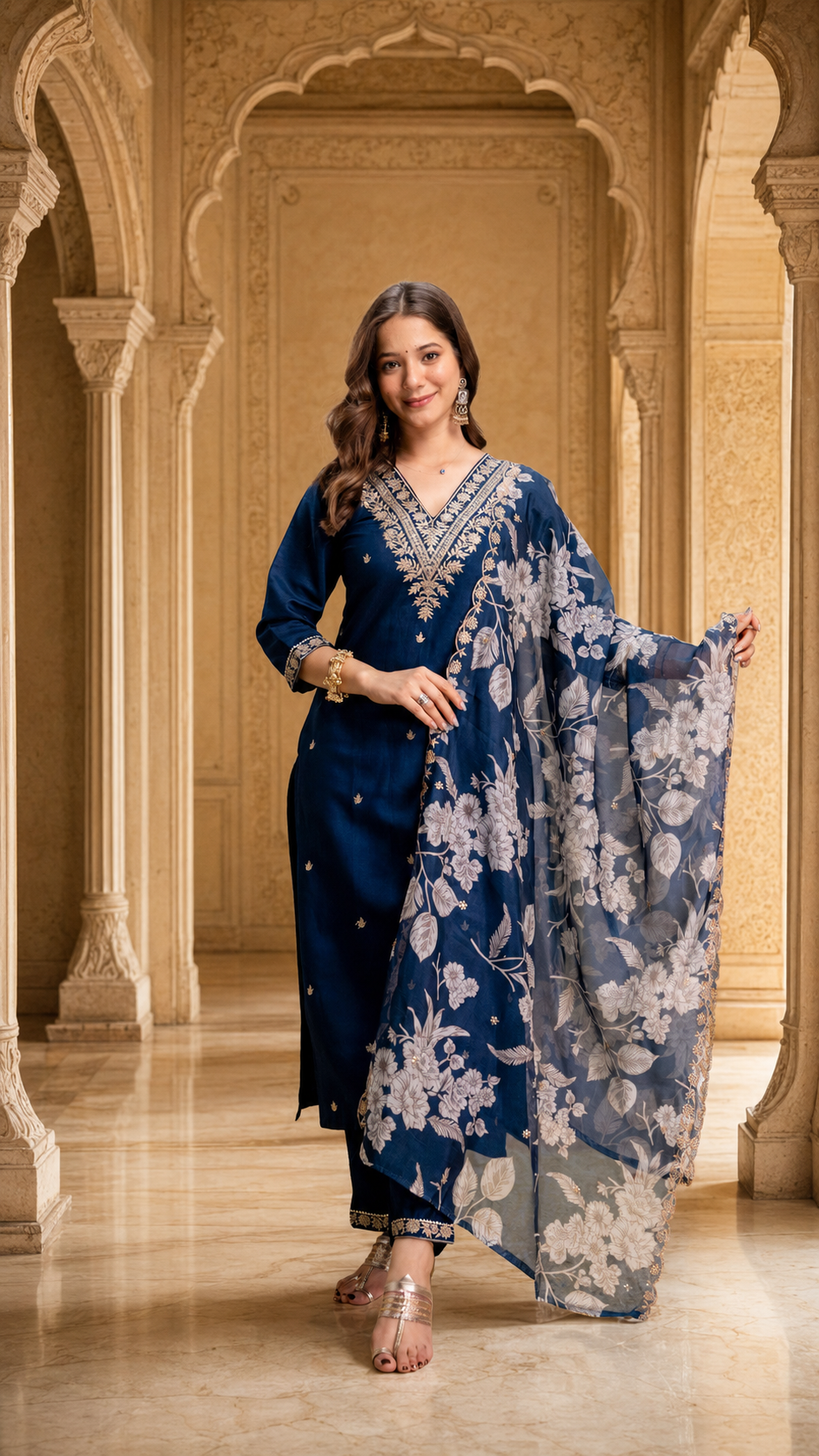 Women's Petrol Roman Embroidered Straight Kurta Pant Set with Digital Printed Dupatta