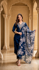 Women's Petrol Roman Embroidered Straight Kurta Pant Set with Digital Printed Dupatta