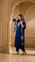 Women's Petrol Roman Embroidered Straight Kurta Pant Set with Digital Printed Dupatta