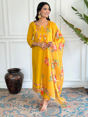 Women’s Yellow Embroidered D Chinon Kurti Pant Dupatta Set with Printed Tebby Silk Dupatta