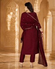 Women's Festive Embroidered Vichitra Suit Set with Dupatta