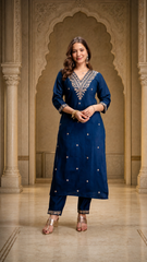Women's Petrol Roman Embroidered Straight Kurta Pant Set with Digital Printed Dupatta