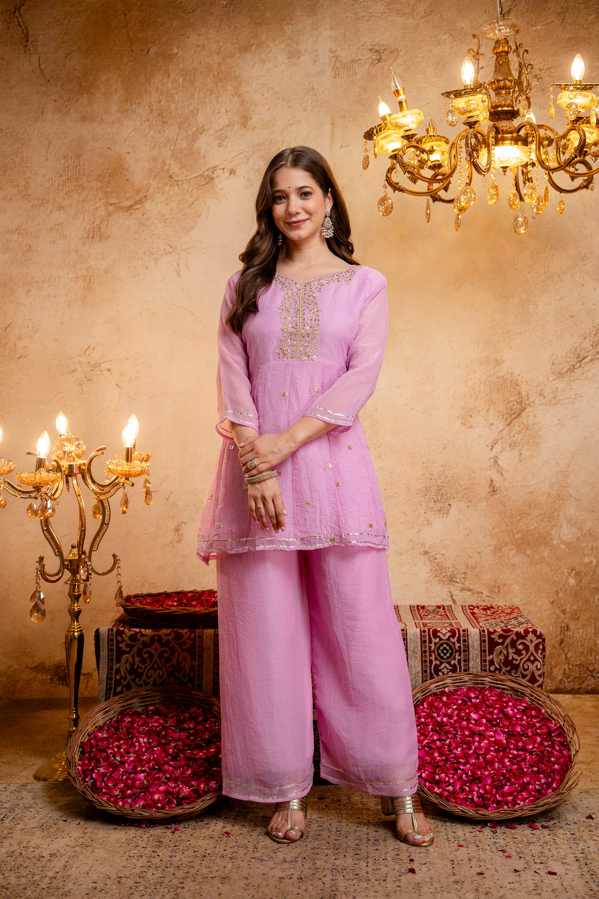 Women's Embroidered Crunchy Kurta Palazzo Set with Dupatta | 3/4 Sleeve Ethnic Party Wear Set