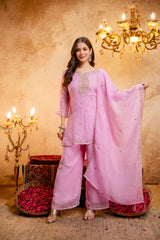 Women's Embroidered Crunchy Kurta Palazzo Set with Dupatta | 3/4 Sleeve Ethnic Party Wear Set